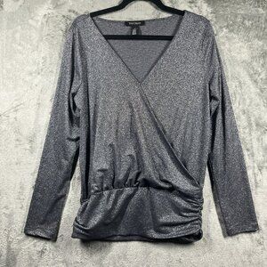 WHBM Wrap Top Womens Size Medium Gray Shimmer Faux Surplice Banded Waist